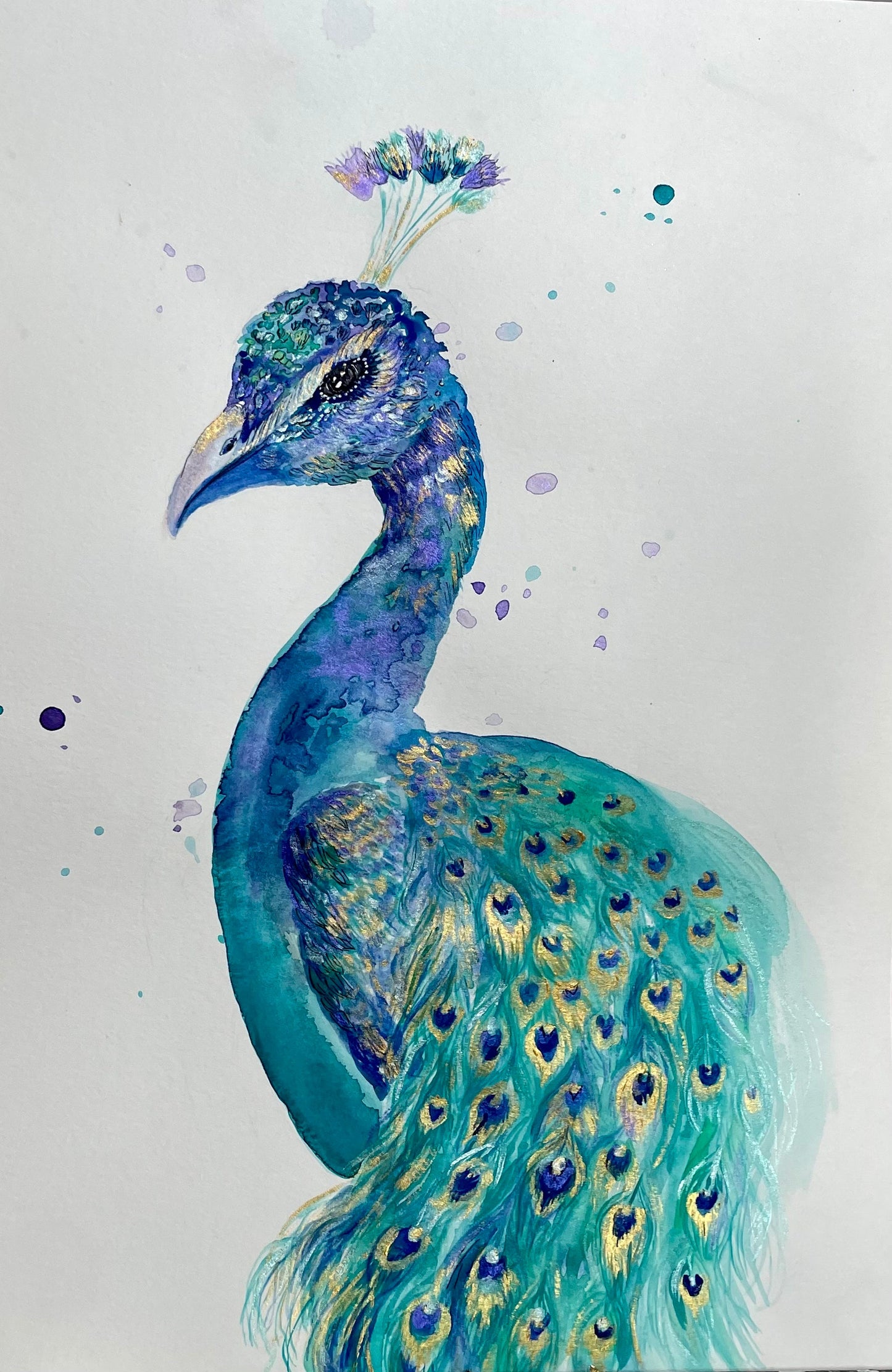 Original “Emerald Peacock” Framed Watercolor on 11 x 15” paper